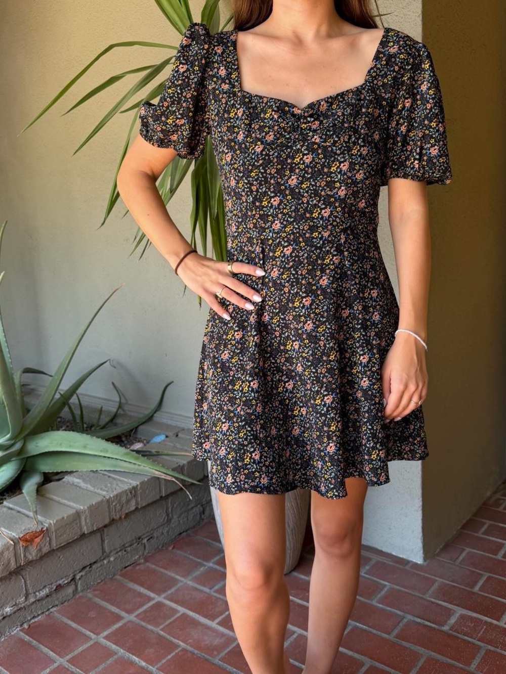 French Connection Black Floral Square-Neck Mini Dress Size 4